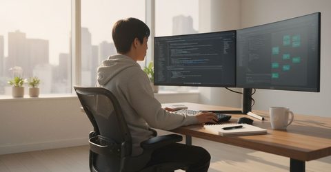 Developer working at a multi-monitor desk with code on screen and a Florida skyline through the window.