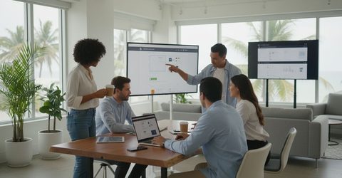 Agency team reviewing online store designs on a wall-mounted screen during a workshop session.