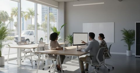 Bright open-plan Florida office with a web development team working at glass-walled desks.