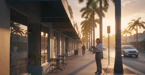 Row of Florida storefronts at sunset with palm trees and parked cars outside a small business strip.