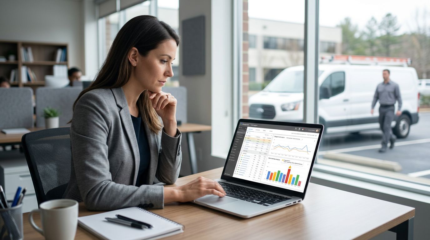 Marketing analyst reviewing a Google Ads dashboard on a laptop flagging suspicious repeat clicks, with an HVAC service van visible outside the office window.