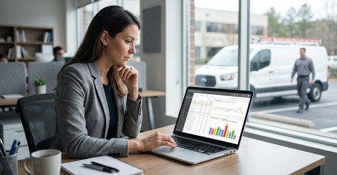 Marketing analyst reviewing a Google Ads dashboard flagging suspicious repeat clicks, with an HVAC service van visible outside the office window.