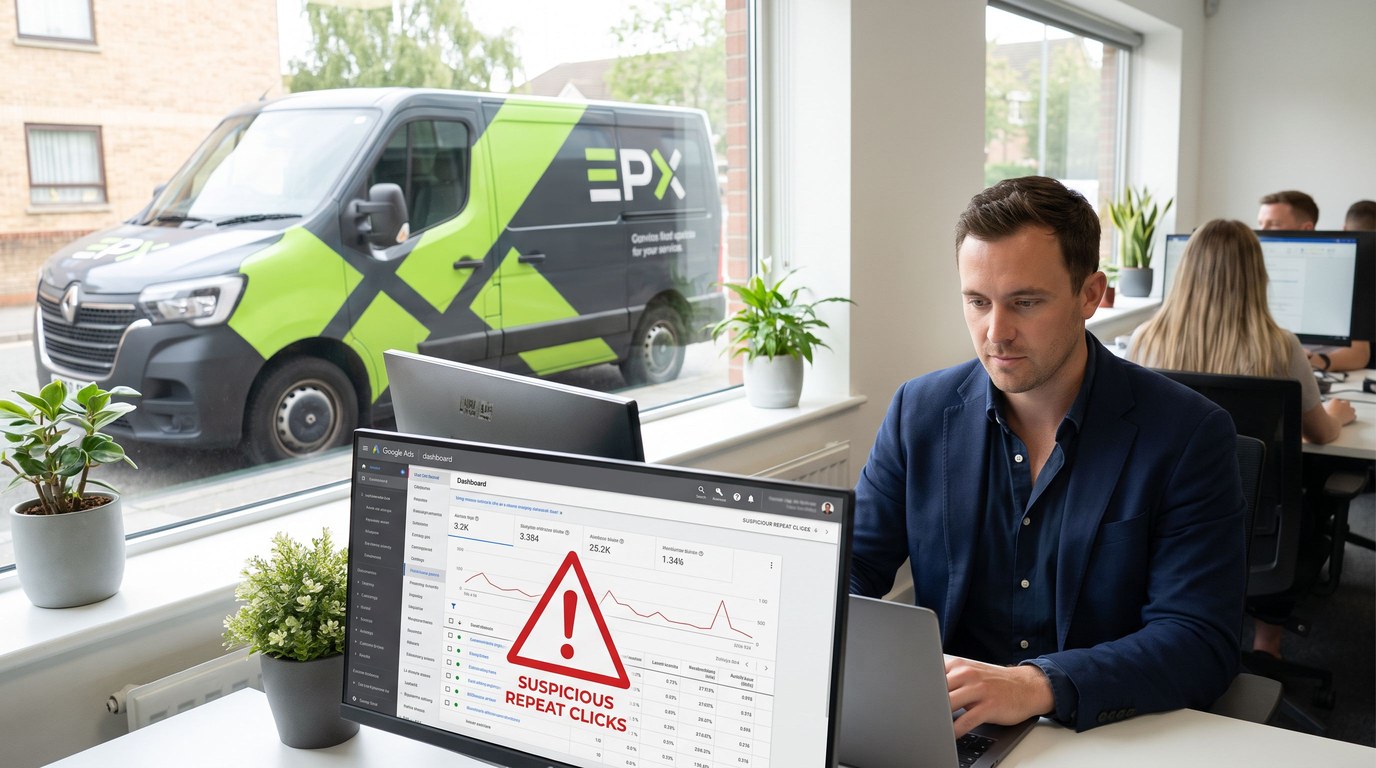 Marketing analyst reviewing a Google Ads dashboard on a laptop flagging a fraud alert on suspicious repeat clicks, with a branded epoxy flooring service van visible outside the office window.