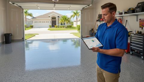 Epoxy flooring contractor reviewing a Google Ads campaign dashboard on a tablet inside a garage with a freshly coated glossy gray epoxy flake floor.