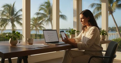 Business owner reviewing automated lead follow-up messages on a phone and laptop beside a sunlit window.
