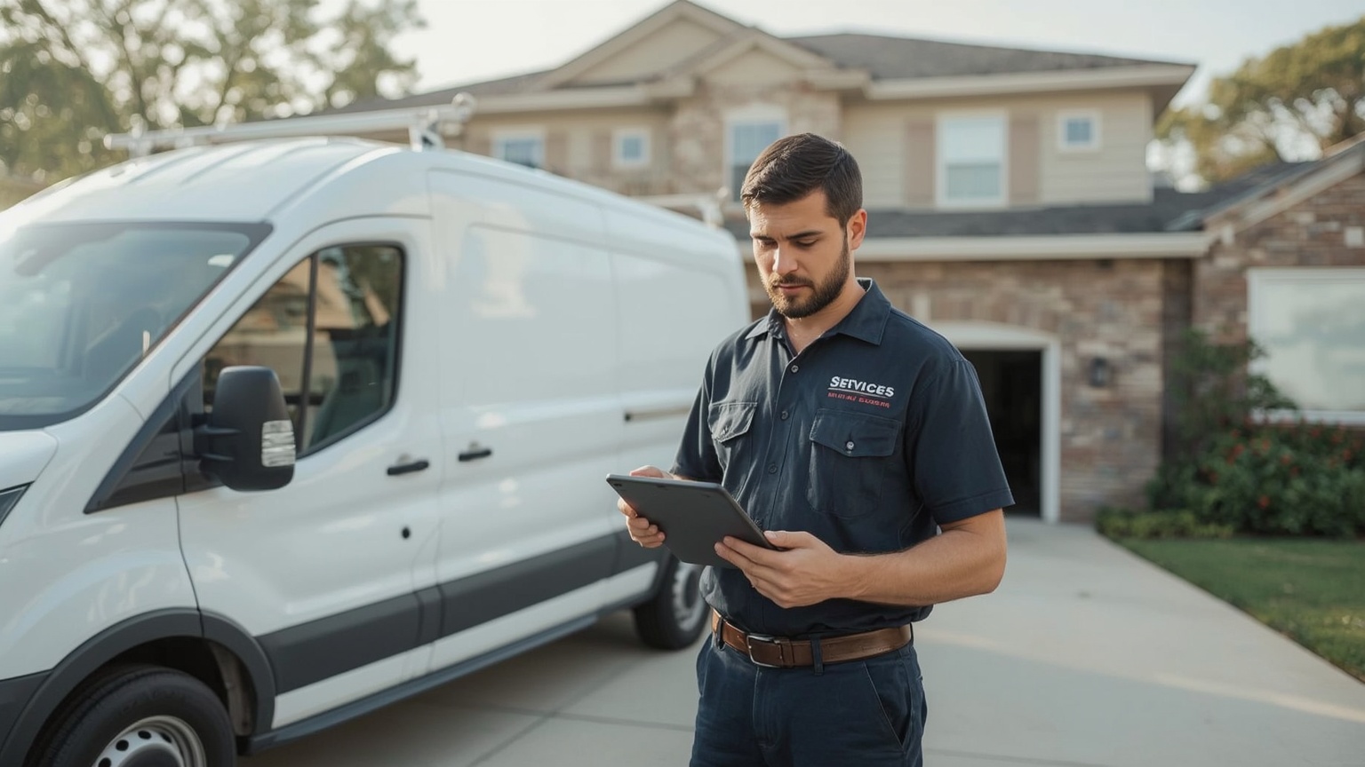 Garage door service technician reviewing Google Ads call tracking data on a tablet in a residential driveway next to a white service van.