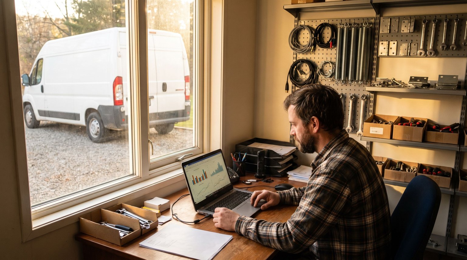 Click Fraud Protection for Garage Door Google Ads Garage door business owner reviewing Google Ads performance charts on a laptop in a small office, with an unmarked service van visible through the window and garage door hardware organized on a shelf.