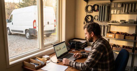 Garage door business owner reviewing Google Ads performance charts on a laptop in a small office, with an unmarked service van visible through the window.