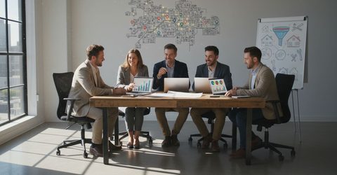 Home service business owners meeting with a marketing team around a wooden table with laptops open.