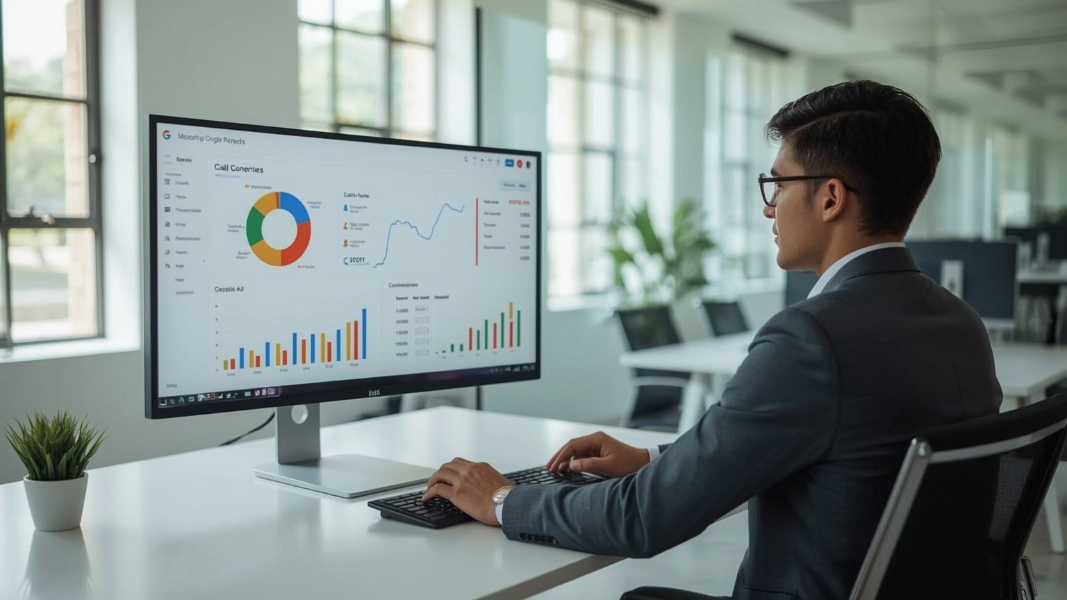 Google Ads Campaign Types for Home Service Companies Digital marketing manager reviewing Google Ads campaign performance dashboards on dual monitors in a modern agency office, charts showing call conversions and cost per lead.