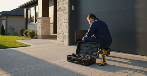 Garage door technician kneeling with an open toolbox beside a residential garage door during a repair call.