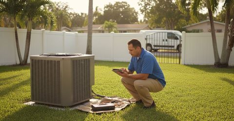 HVAC technician with a tablet inspecting an outdoor air conditioning condenser at a Florida home.