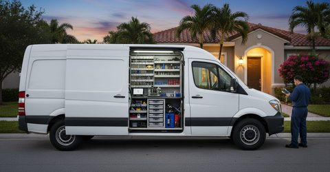 White locksmith service van with an organised tool interior parked outside a South Florida home at dusk.