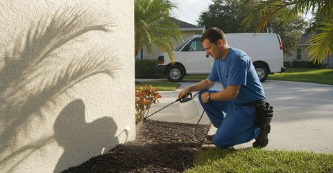 Pest control technician in uniform spraying the exterior wall of a Florida home beside a service van.