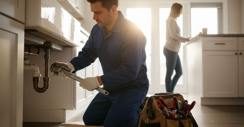 Plumber working under a kitchen sink while the homeowner looks on in a bright Florida kitchen.
