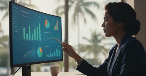 Account manager reviewing Google Ads performance charts on a large wall display in a Florida office.