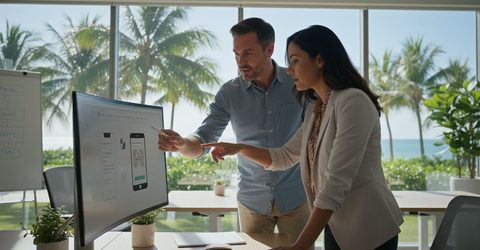 Two marketers reviewing a landing page wireframe on a large screen in a bright Fort Lauderdale office.