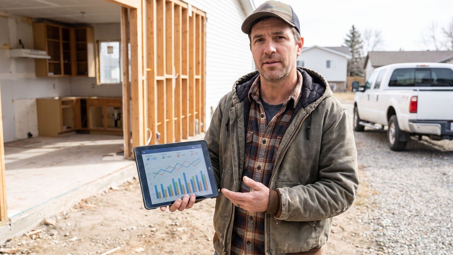 Home improvement contractor reviewing Google Ads campaign performance charts on a tablet at a renovation job site, with an unmarked work truck in the driveway.