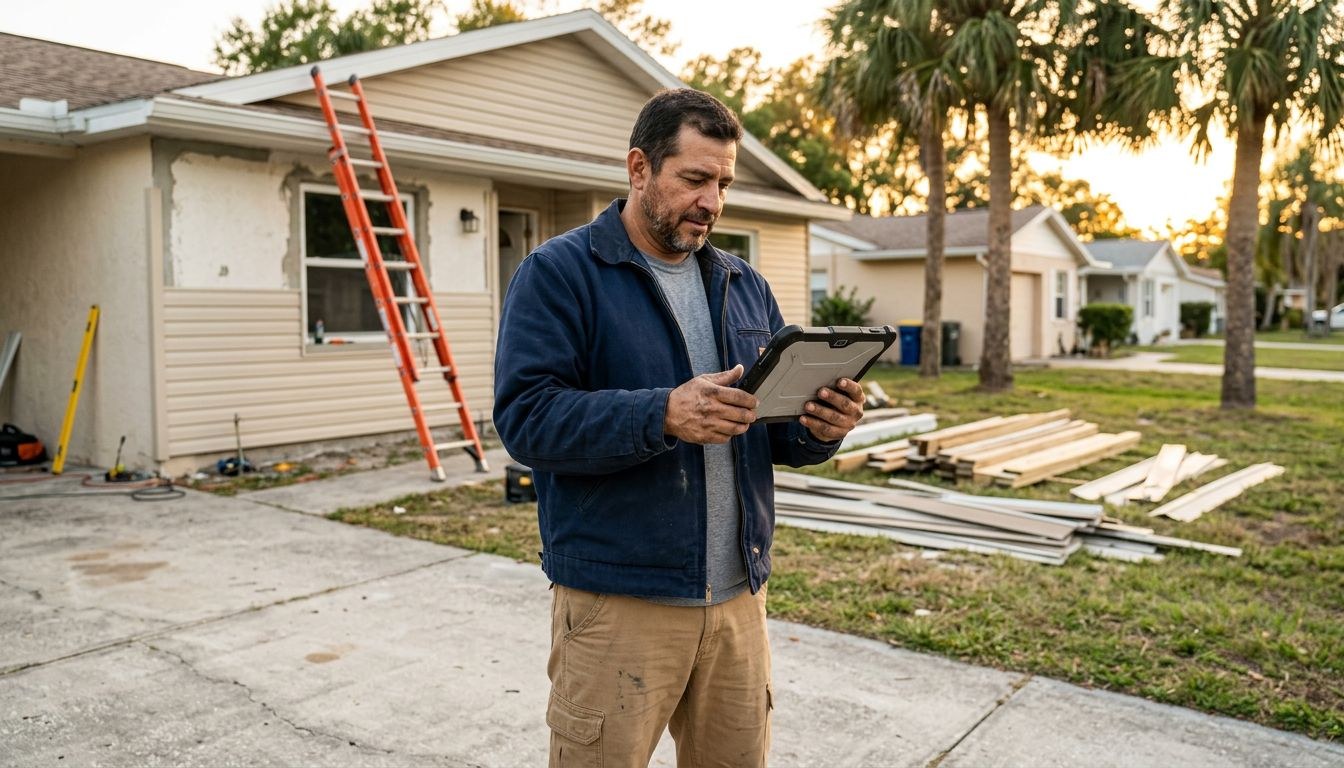 Home improvement contractor reviewing a Google Ads campaign on a tablet in front of a mid-renovation Florida home with a ladder and building materials.