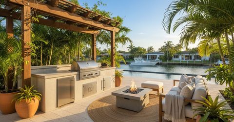 Waterfront Fort Lauderdale patio with an outdoor kitchen and pergola beside a canal, representing a local South Florida business.