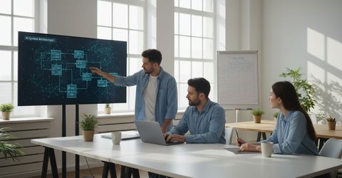 Development team reviewing a custom software system diagram on a meeting room screen.