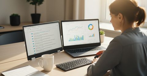 Marketer reviewing search visibility dashboards on dual monitors in a bright office.