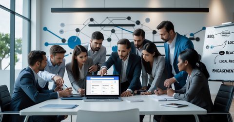 Business team collaborating around a laptop discussing local SEO and Google Business optimization strategy in a modern office.