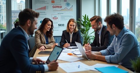 Web design team planning a website structure that supports local SEO on a whiteboard in a bright office.