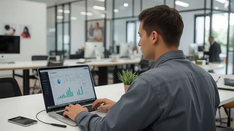 Digital marketing specialist managing Google Ads campaigns for an HVAC company on a laptop with analytics dashboard showing performance charts in a modern office.