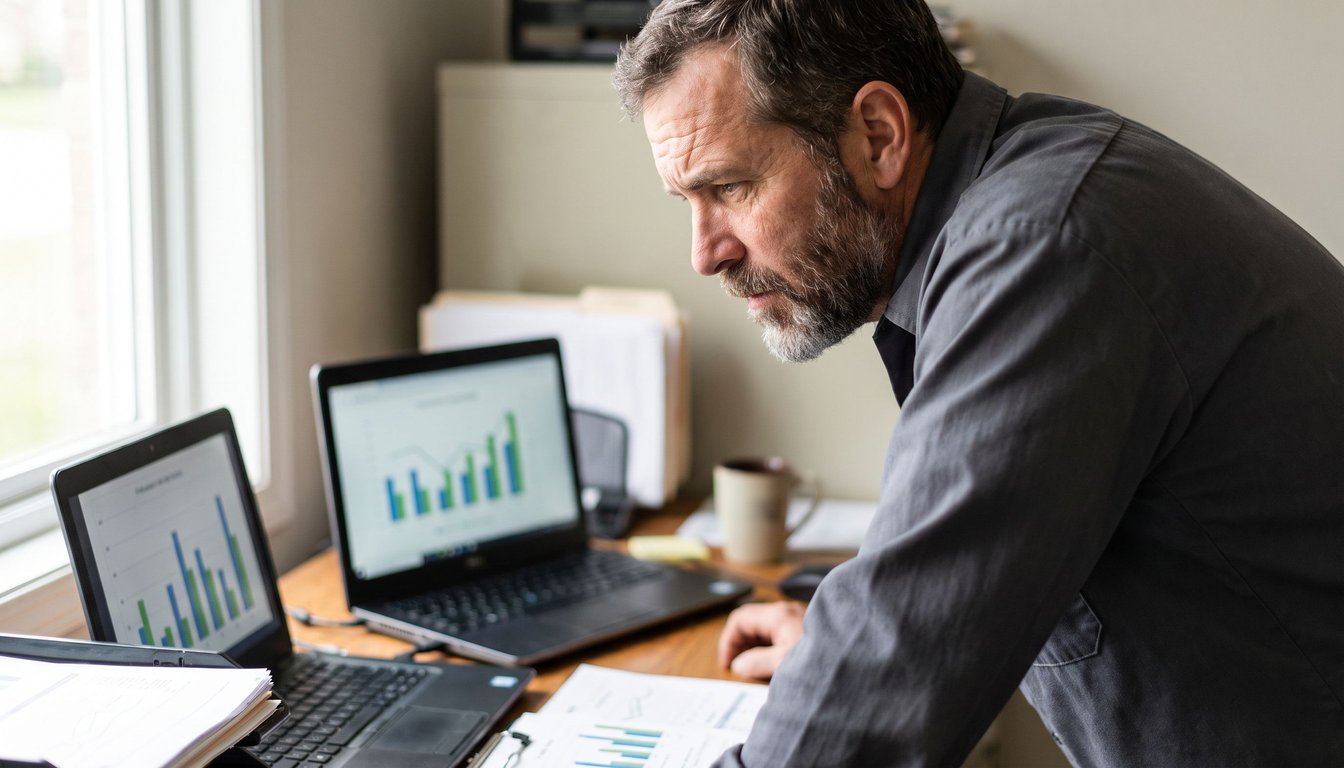 HVAC business owner comparing two laptop screens showing marketing performance charts at his office desk.