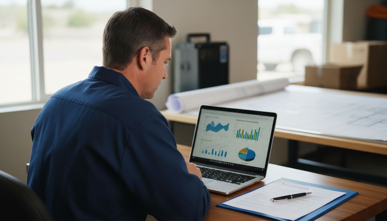 HVAC business owner in a plain work shirt reviewing a Google Ads performance report and a printed agency proposal at his office desk.