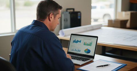 HVAC business owner in a plain work shirt reviewing a Google Ads performance report and a printed agency proposal at his office desk.