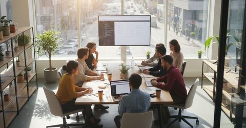 Landing page design team working at laptops in a bright open-plan agency office.