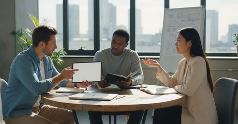 Marketing team reviewing landing page layouts around a meeting table with a Florida city skyline behind them.