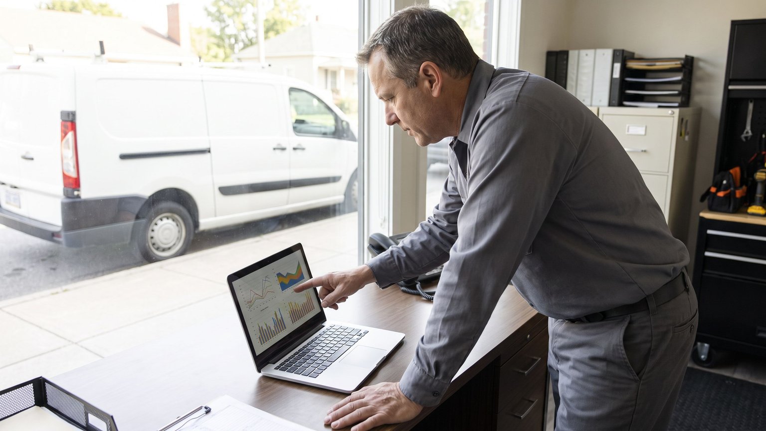 Locksmith business owner reviewing Google Ads performance charts on a laptop in his office, with an unmarked service van visible through the window.