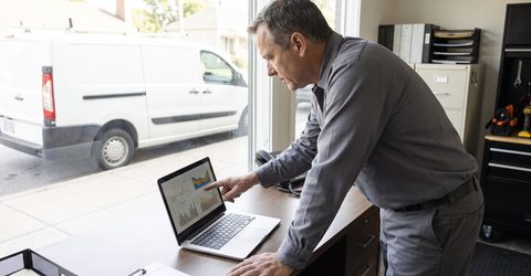 Locksmith business owner reviewing Google Ads performance charts on a laptop in his office, with an unmarked service van visible through the window.