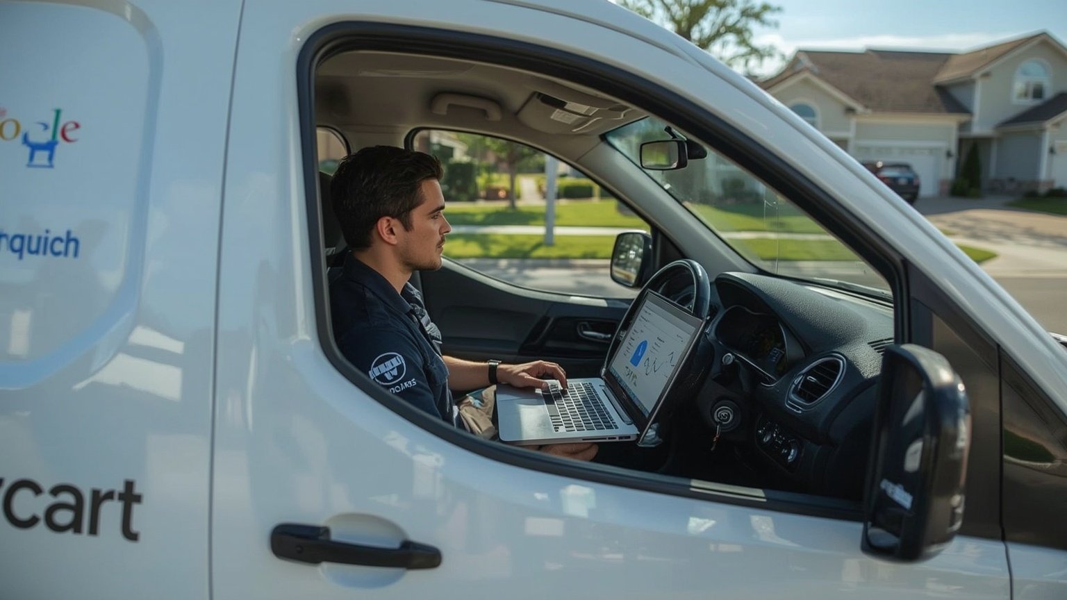 Locksmith service technician reviewing Google Ads call tracking data on a laptop inside a white service van parked outside a residential home.