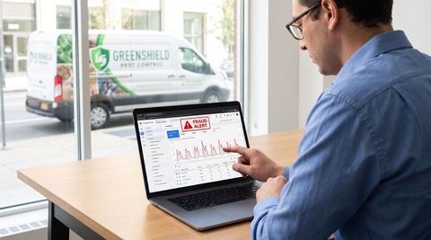 Marketing analyst reviewing a Google Ads dashboard on a laptop flagging a fraud alert on suspicious repeat clicks, with a branded pest control service van visible outside the office window.