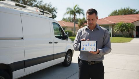 Pest control technician reviewing Google Ads campaign performance on a tablet next to a plain white service van outside a Florida residential home.