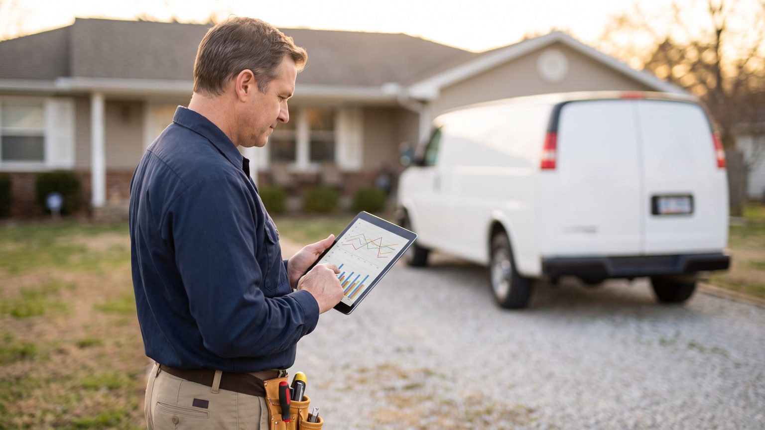 Plumber reviewing Google Ads campaign performance charts on a tablet outside a residential home, with a plain white service van in the driveway.