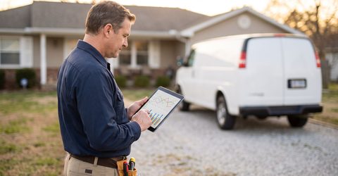 Plumber reviewing Google Ads campaign performance charts on a tablet outside a residential home, with a plain white service van in the driveway.
