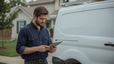 Professional plumber reviewing Google Ads campaign results on a tablet at a job site, with a white service van and residential home in the background.