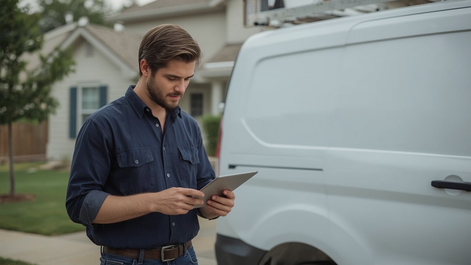 Professional plumber reviewing Google Ads campaign results on a tablet at a job site, with a white service van and residential home in the background.