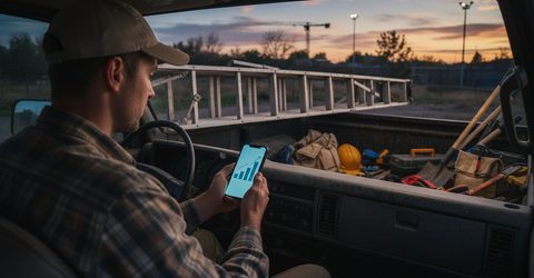 Contractor in a work cap checking new job leads on a smartphone at a job site at sunset.