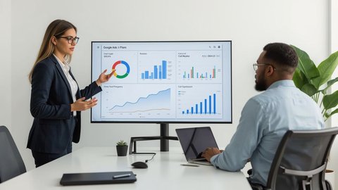 Digital marketing agency account manager presenting Google Ads performance dashboard to a home service business owner in a modern office conference room.
