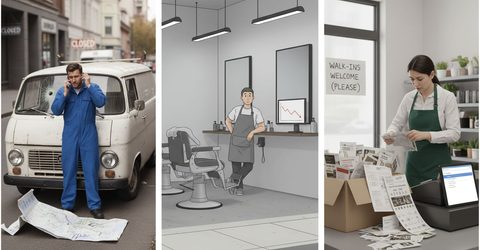 Three small business owners at work - a contractor, a salon owner and a shop owner reviewing their marketing.