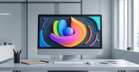Web designer comparing vector graphic file formats on a monitor in a modern design office.