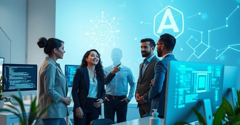 Group of professionals discussing an AI project near large AI-themed wall graphics in a modern tech office.