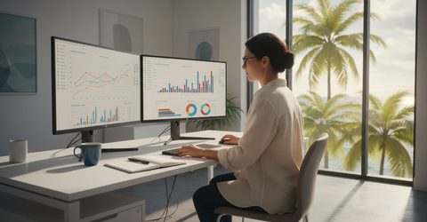 Agency account manager reviewing campaign analytics on a desktop monitor with palm trees visible outside.