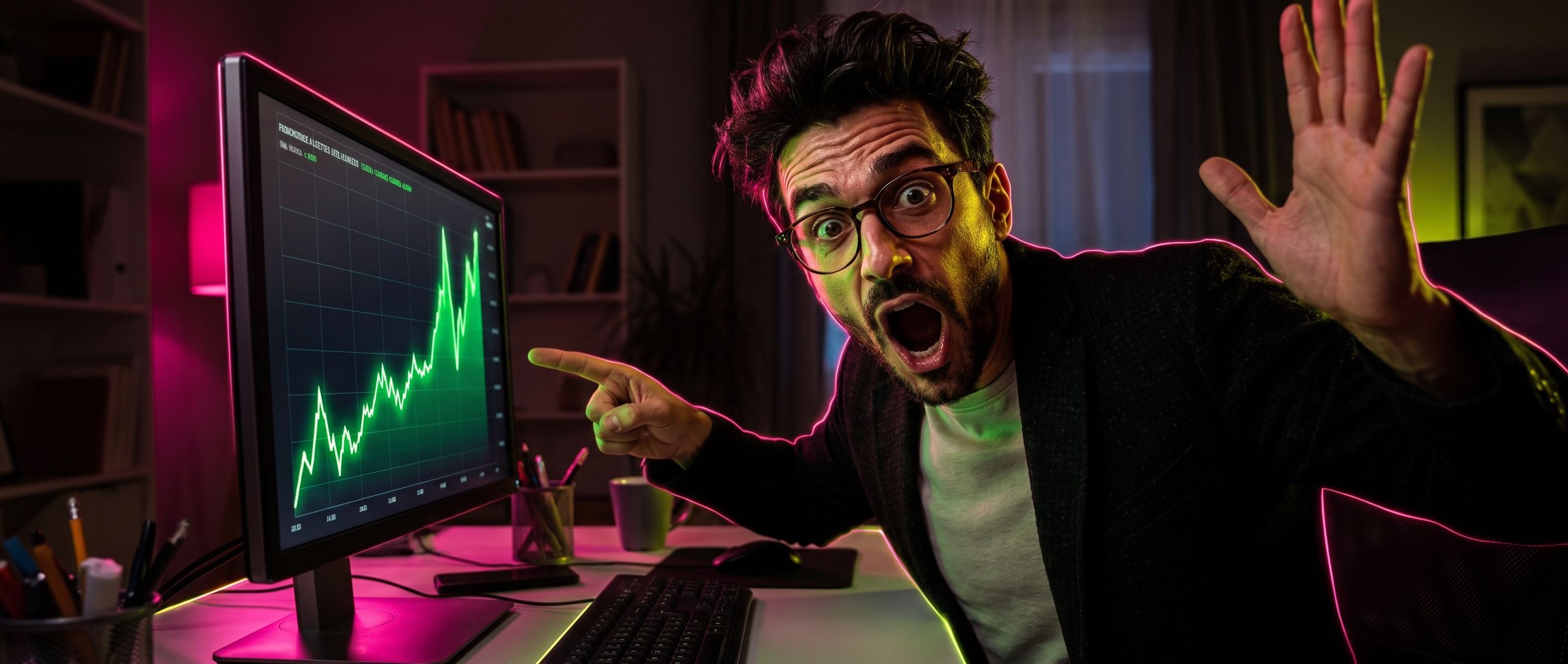 Business owner reacting with shock as his ranking graph shoots upward on screen, representing Autopilot SEO results